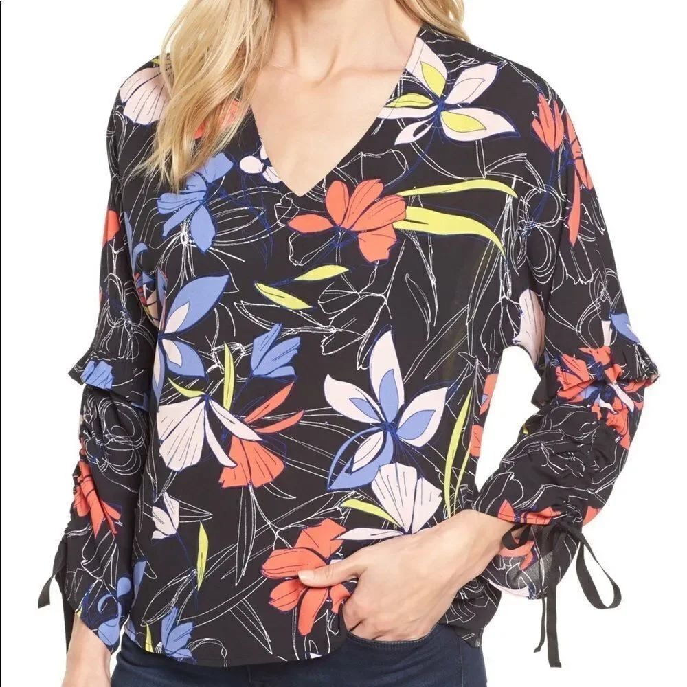 Halogen Black & Print Rouche Tie Sleeve Top Sz Sm